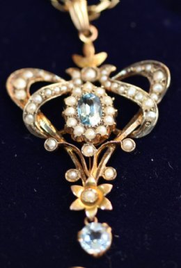 Edwardian Gold,Aquamarine , Seed Pearl Pendant with Chain